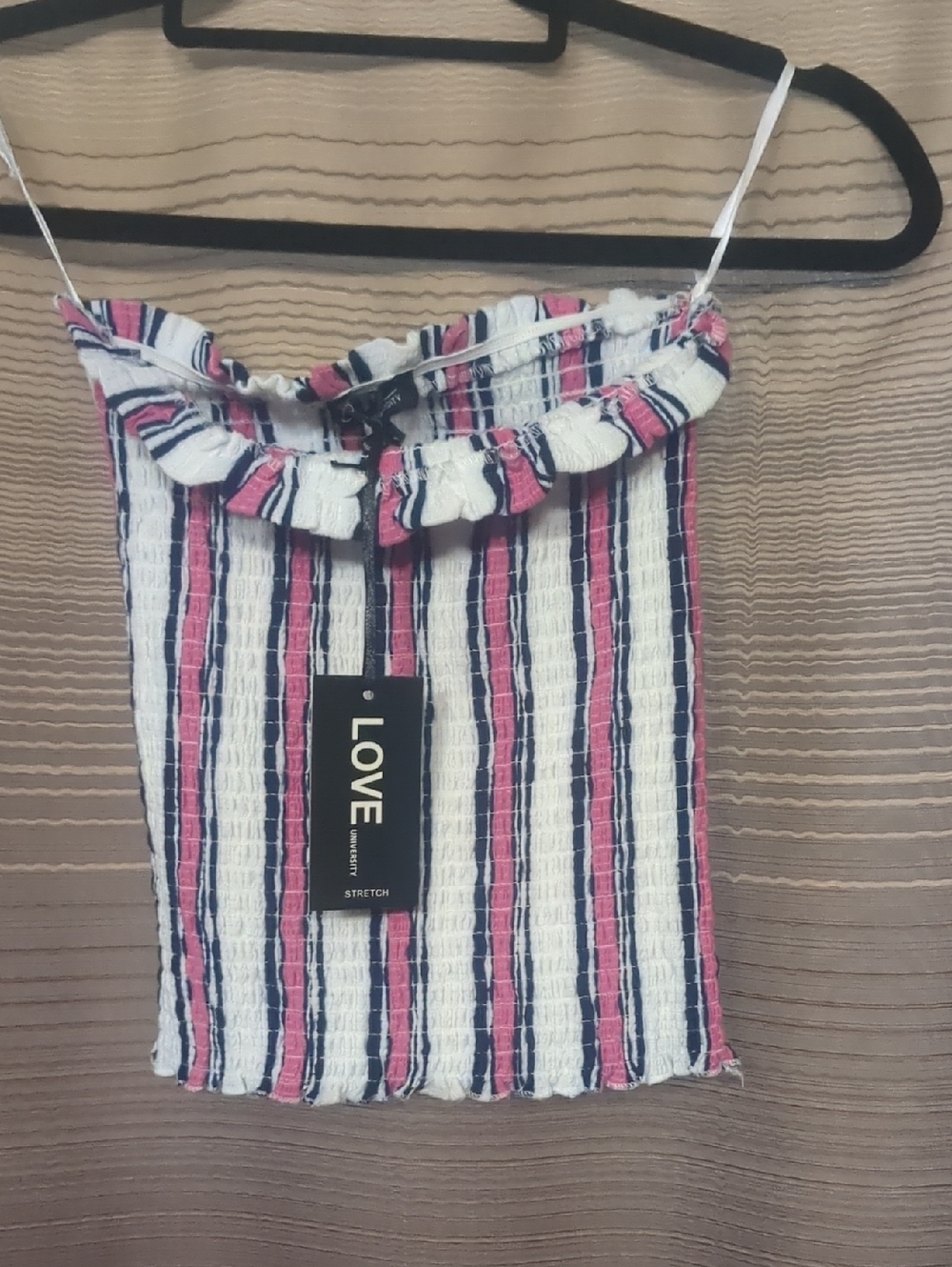 LOVE Pink Navy White Striped Smocked Tube Top with Ruffle